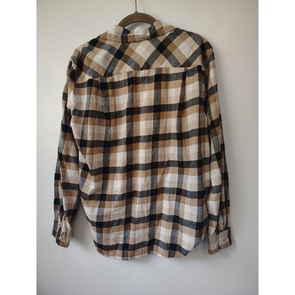 LOFT Women's Small Plaid Flannel Shirt Tan Black Button Down Cotton Relaxed Top - Picture 4 of 6